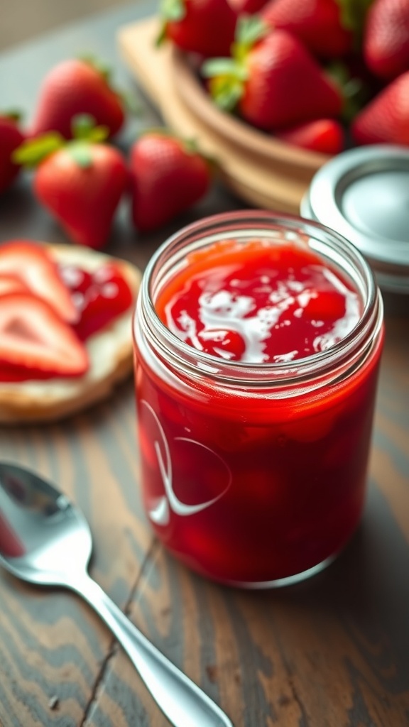 Homemade Bread Machine Jam Recipe A jar of strawberry jam with fresh strawberries and a slice of bread on a wooden table.